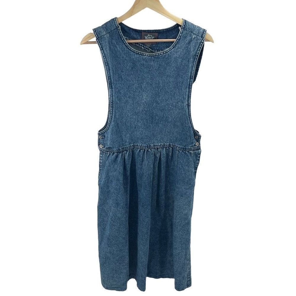 Vintage Woolrich Denim Midi Dress Sleeveless Flared Pleated Blue Size Medium